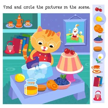 Find and circle objects. Educational puzzle game for children. Cute kitten Stock Illustration