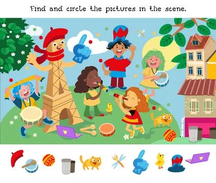 Find and circle objects. Educational puzzle game for children. Group of fans of 스톡 일러스트