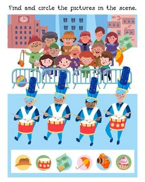 Find and circle objects. Puzzle game for children. Parade with drummers and Illustrazione stock