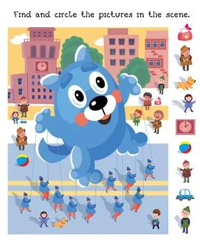 Find and circle objects. Puzzle game for children. Cute balloon dog and people Illustrazione stock