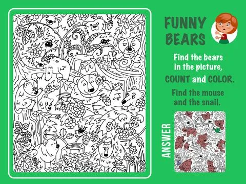 Find bears in picture, count and color. Games for kids. Puzzle with hidden Stock Illustration