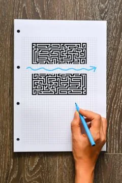 Find a better solution or shortcut concept with maze and shape Fotos Stock