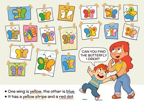 Find by Clues. Fun visual riddle for kids. Find the Match. Spot it Stock Illustration