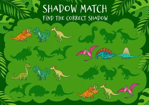 Find the correct dinosaur shadow, kids game puzzle Illustrazione stock