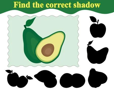 Find the correct shadow of avocado. Education. Game for children. Vector illu Stock Illustration