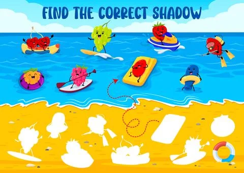 Find correct shadow of berry characters on beach Stock Illustration
