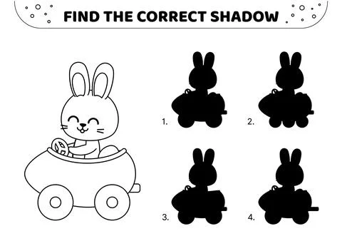 Find the correct shadow. Black and white. Harry rabbit in car. Shadow matching Stock Illustration