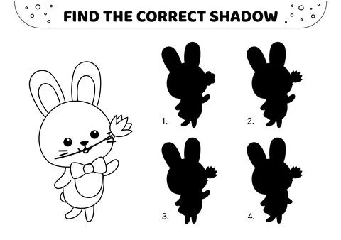 Find the correct shadow. Black and white. Hare with flower. Shadow matching game Stock Illustration