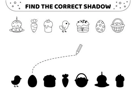 Find the correct shadow. Black and white. Easter food. Shadow matching game Stock Illustration