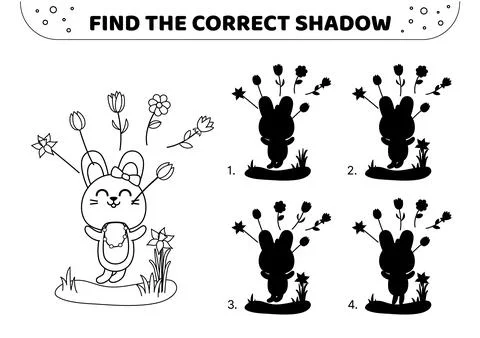 Find the correct shadow. Black and white. Jumping hare with flowers. Shadow Illustrazione stock