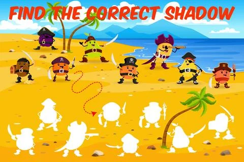 Find correct shadow of cartoon fruit pirates game Stock Illustration