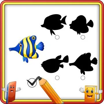 Find the correct shadow. Cartoon funny fish. Education Game for Children Stock Illustration