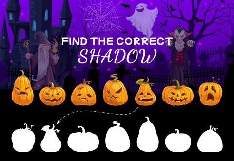 Find correct shadow of cartoon Halloween pumpkins 스톡 일러스트
