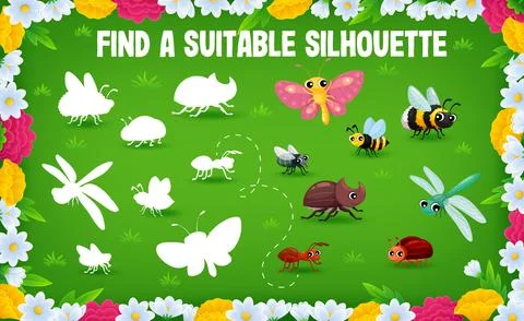 Find a correct shadow of cartoon insect characters Stock Illustration