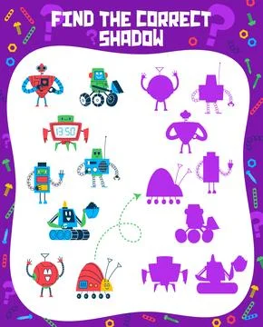 Find the correct shadow of cartoon robots, droids Illustrazione stock