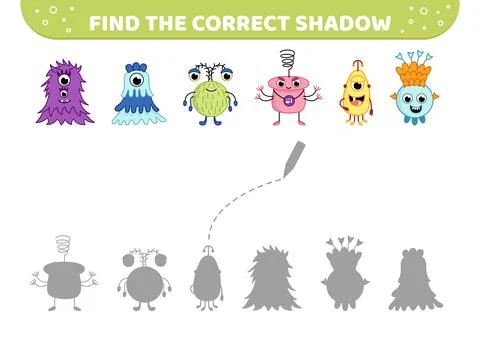 Find the correct shadow. Cheerful aliens. Shadow matching game. Cartoon, vector Stock Illustration