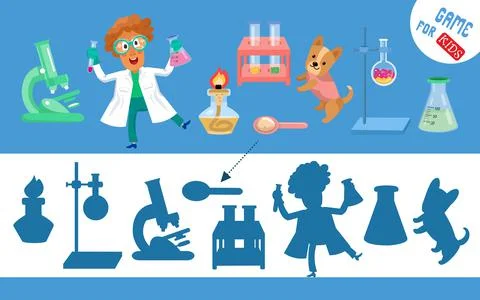 Find the correct shadow. Chemist scientist, lab objects in cartoon flat style Illustrazione stock