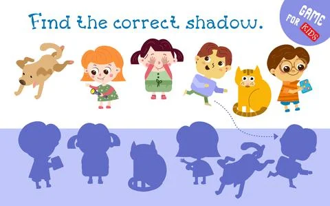 Find the correct shadow. Children and pets. Game for kids. Activities, vector 스톡 일러스트