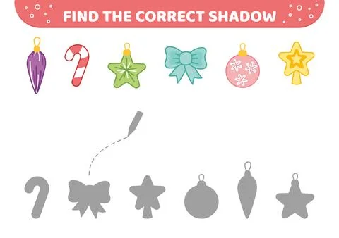 Find the correct shadow. Christmas decorations. Shadow matching game. Cartoon Stock Illustration