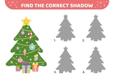 Find the correct shadow. Christmas tree. Shadow matching game. Cartoon, vector Stock Illustration