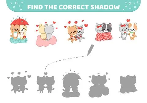 Find the correct shadow. Couples of cat in love. Shadow matching game. Cartoon Stock Illustration