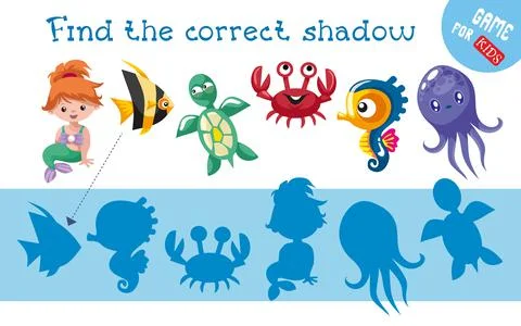 Find correct shadow. Cute animal characters. Educational game for children. Acti 스톡 일러스트