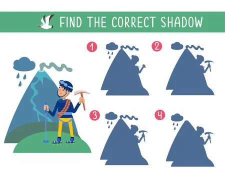 Find correct shadow. Cute climber with cartoon-style tools and crampons. Hobby Stock Illustration