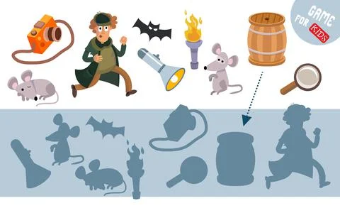 Find the correct shadow. Cute detective, mice, objects in cartoon style Illustrazione stock