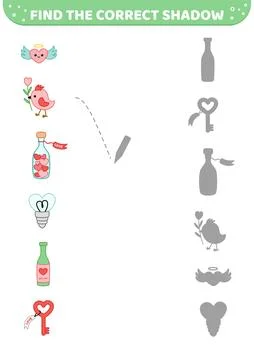 Find the correct shadow. Cute elements on Valentines day. Shadow matching game Stock Illustration