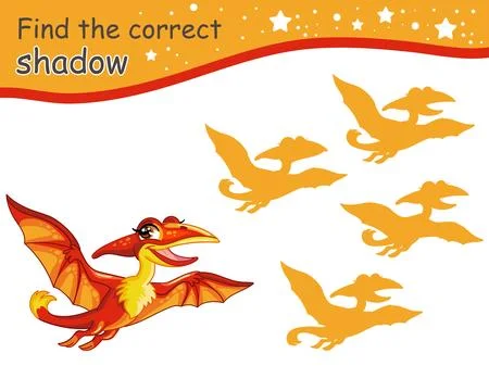 Find correct shadow of cute pterodactyl dinosaur vector illustration Stock Illustration