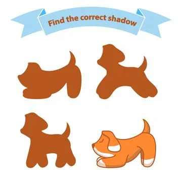 Find the correct shadow dog.Educational game for children cute puppy. Stock Illustration