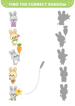 Find the correct shadow. Easter bunny. Shadow matching game. Cartoon, vector Stock Illustration