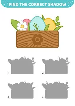 Find the correct shadow. Easter eggs in wooden box. Shadow matching game Illustrazione stock