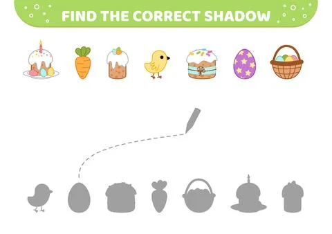 Find the correct shadow. Easter elements. Cake, chick, egg. Shadow matching game Stockillustratie