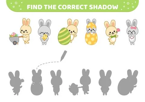 Find the correct shadow. Easter game with bunnies. Shadow matching game. Cartoon Stock Illustration