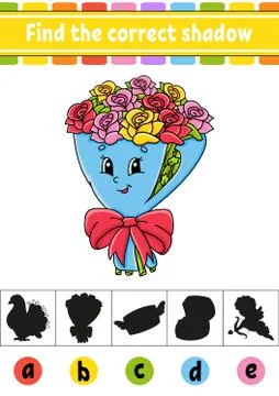 Find the correct shadow. Education developing worksheet. Activity page. Valen Stock Illustration