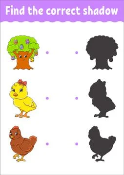 Find the correct shadow. Education developing worksheet. Matching game for ki Stock Illustration