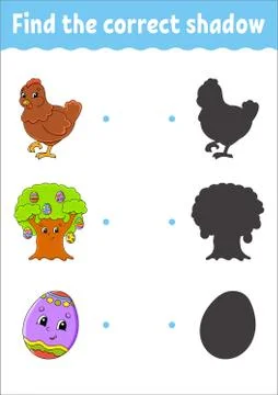 Find the correct shadow. Education developing worksheet. Matching game for ki Stock Illustration