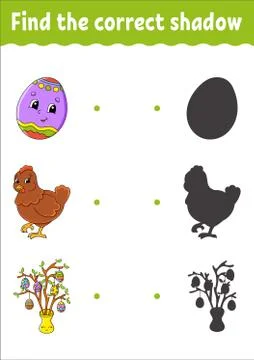 Find the correct shadow. Education developing worksheet. Matching game for ki Stock Illustration