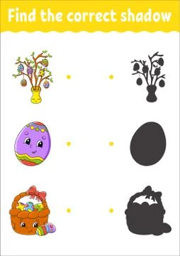Find the correct shadow. Education developing worksheet. Matching game for ki Illustrazione stock