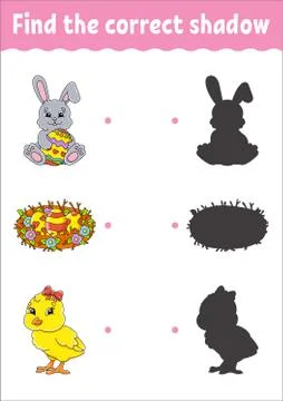 Find the correct shadow. Education developing worksheet. Matching game for ki Stock Illustration