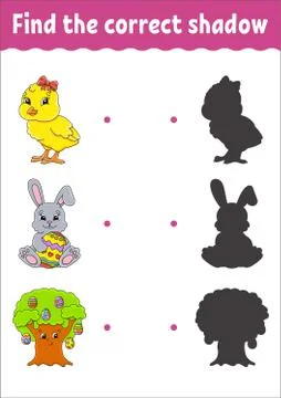 Find the correct shadow. Education developing worksheet. Matching game for ki Illustrazione stock