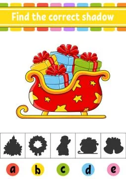 Find the correct shadow. Education developing worksheet. Christmas theme. Act Stock Illustration