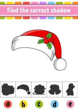 Find the correct shadow. Education developing worksheet. Christmas theme. Act Stock Illustration