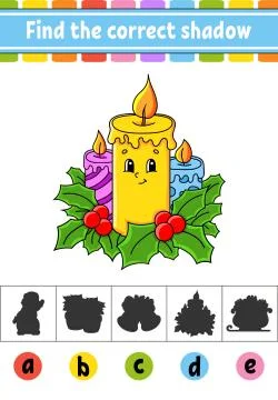 Find the correct shadow. Education developing worksheet. Christmas theme. Act Stock Illustration