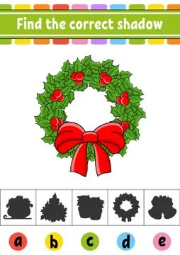 Find the correct shadow. Education developing worksheet. Christmas theme. Act Stock Illustration