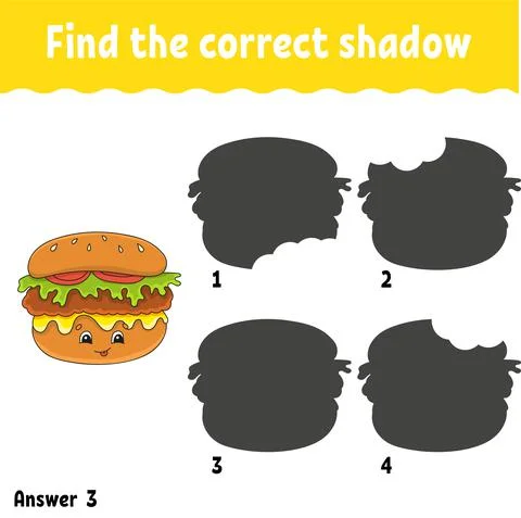 Find the correct shadow. Education developing worksheet. Matching game for ki Stock Illustration