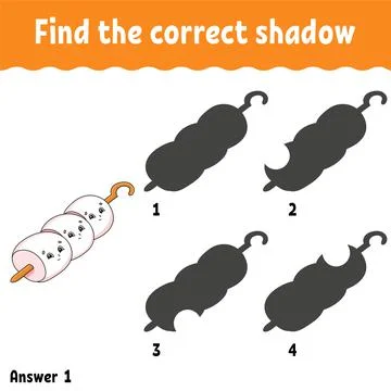 Find the correct shadow. Education developing worksheet. Matching game for ki Stock Illustration