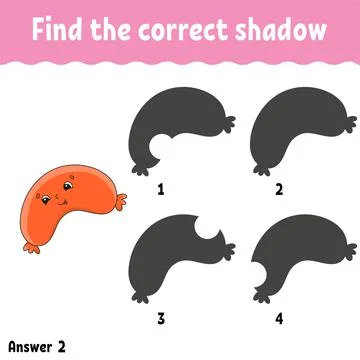 Find the correct shadow. Education developing worksheet. Matching game for ki Stock Illustration