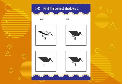 Find the correct shadow. Education developing worksheet. Matching game for .. Stock Illustration
